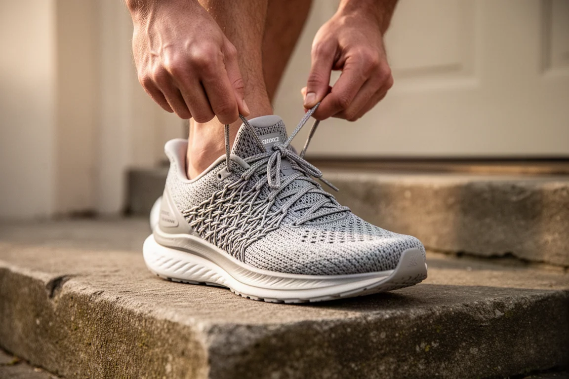 Piede del corridore che allaccia una scarpa da running con tomaia in tessuto su un gradino