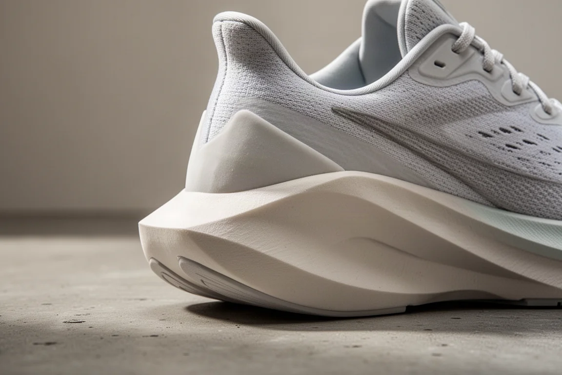 Close-up of a tall white running shoe midsole showing its sculpted rocker shape