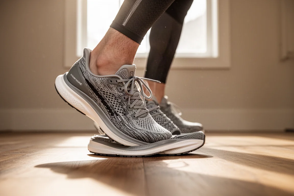 Runner tying the laces of a modern running shoe before a long run
