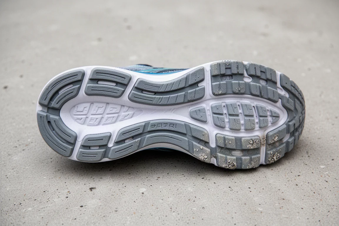 Close-up of a running shoe outsole showing tread pattern and light wear