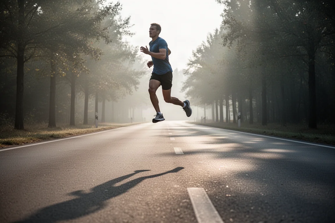 Runner on a quiet road in soft early morning light