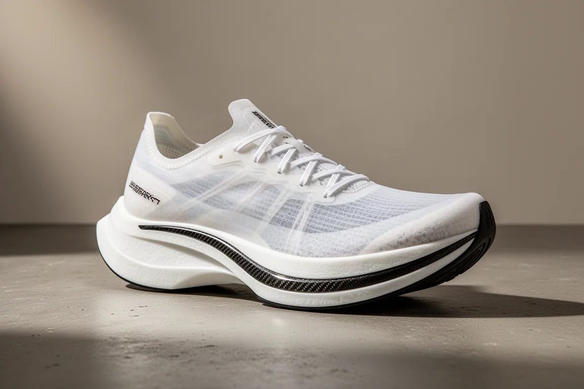 Lightweight carbon-plated marathon racing shoe on matte concrete surface