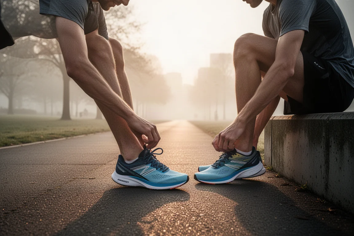 Läufer schnürt leichte Rennschuhe vor einem schnellen Trainingseinheit