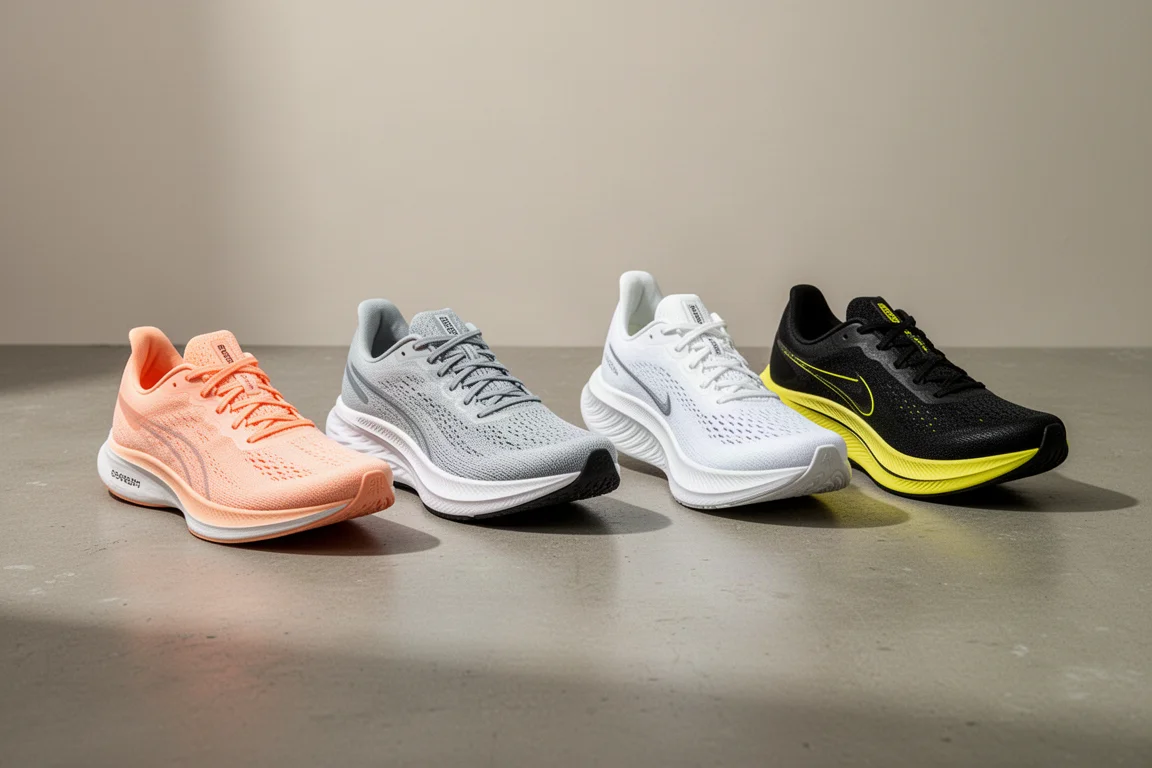 Four performance running shoes arranged on a concrete surface