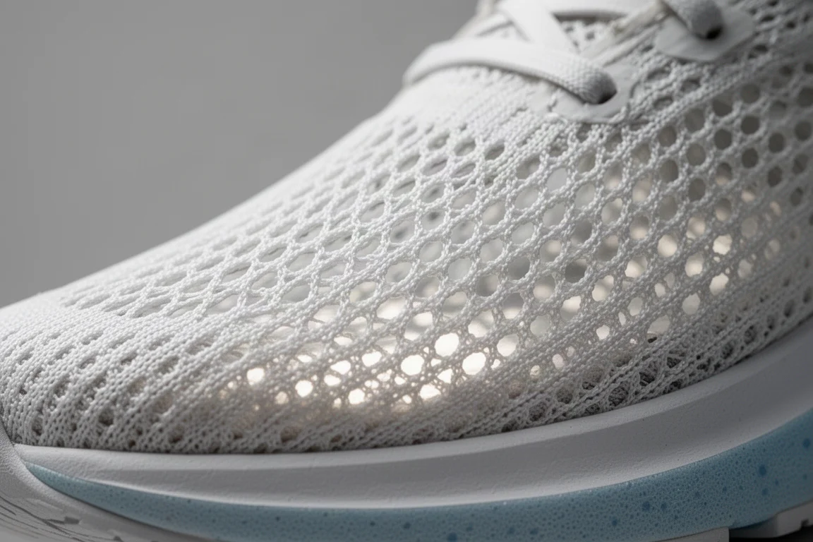 Primo piano di un tomaio in mesh sottile e arioso di una scarpa da running