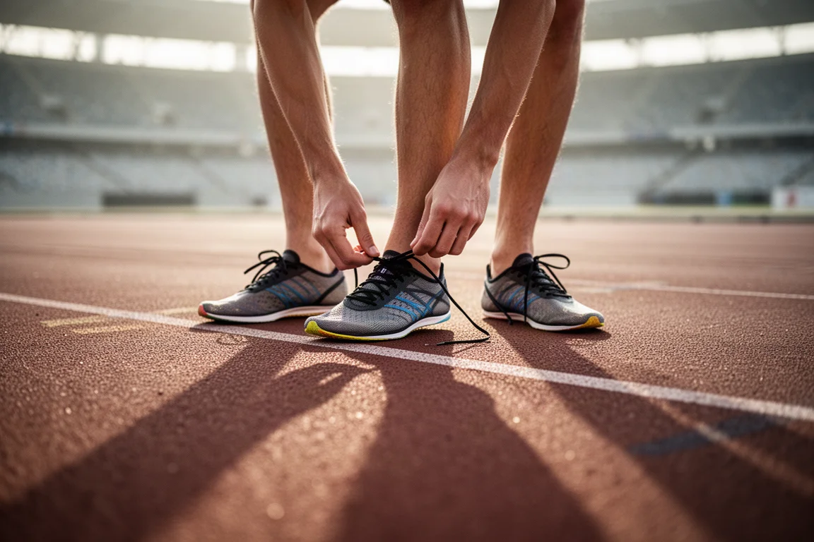 Un runner che allaccia le racing shoes prima di un allenamento in pista