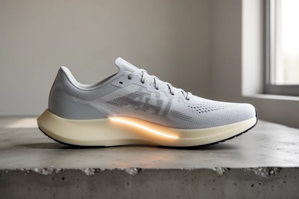 Profilo laterale di una racing flat dalla silhouette bassa su una superficie neutra