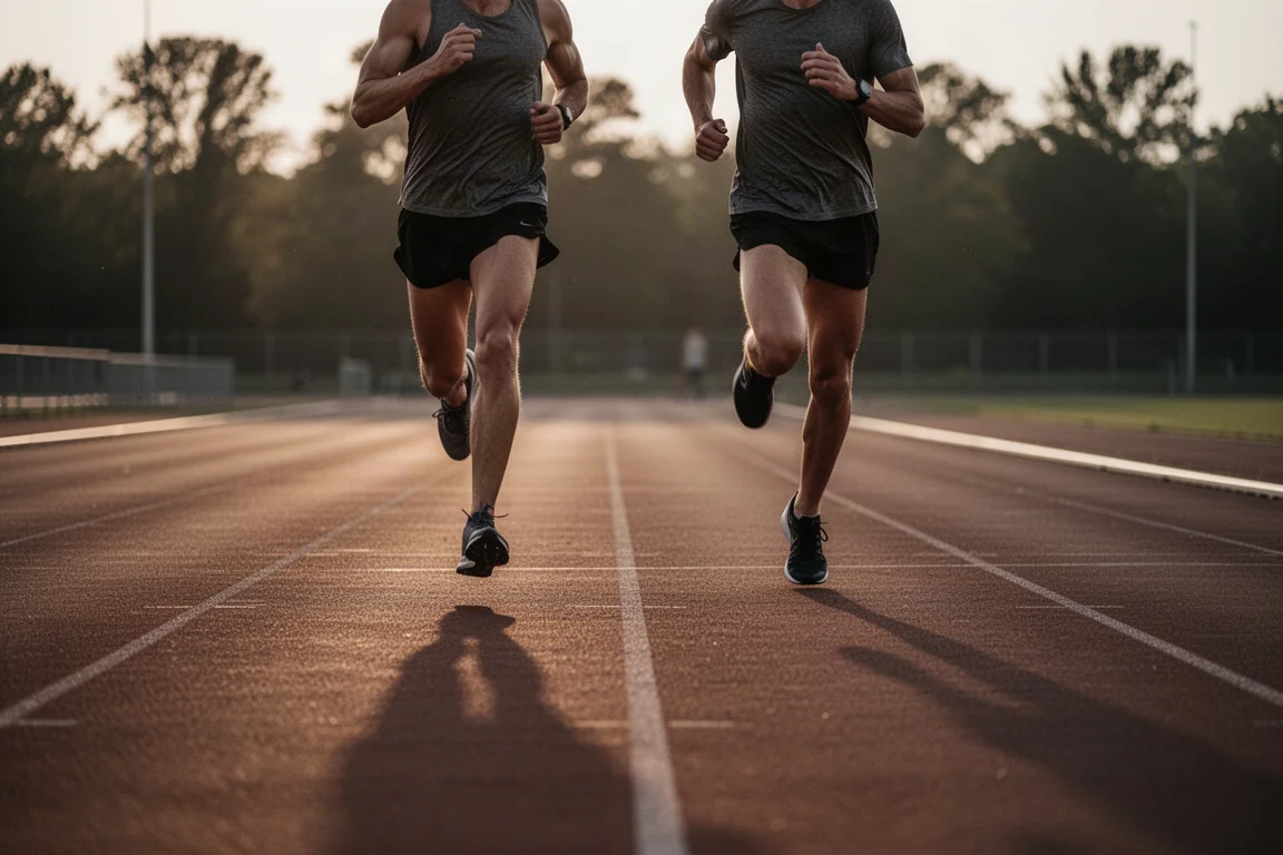 Corredores treinando em uma pista pavimentada ao entardecer