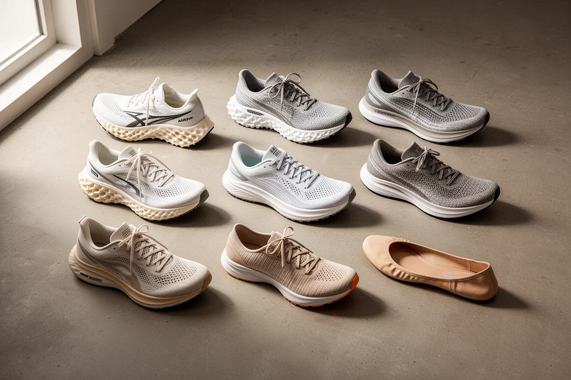十雙 Adidas 跑鞋以網格排列在混凝土攝影棚地板上