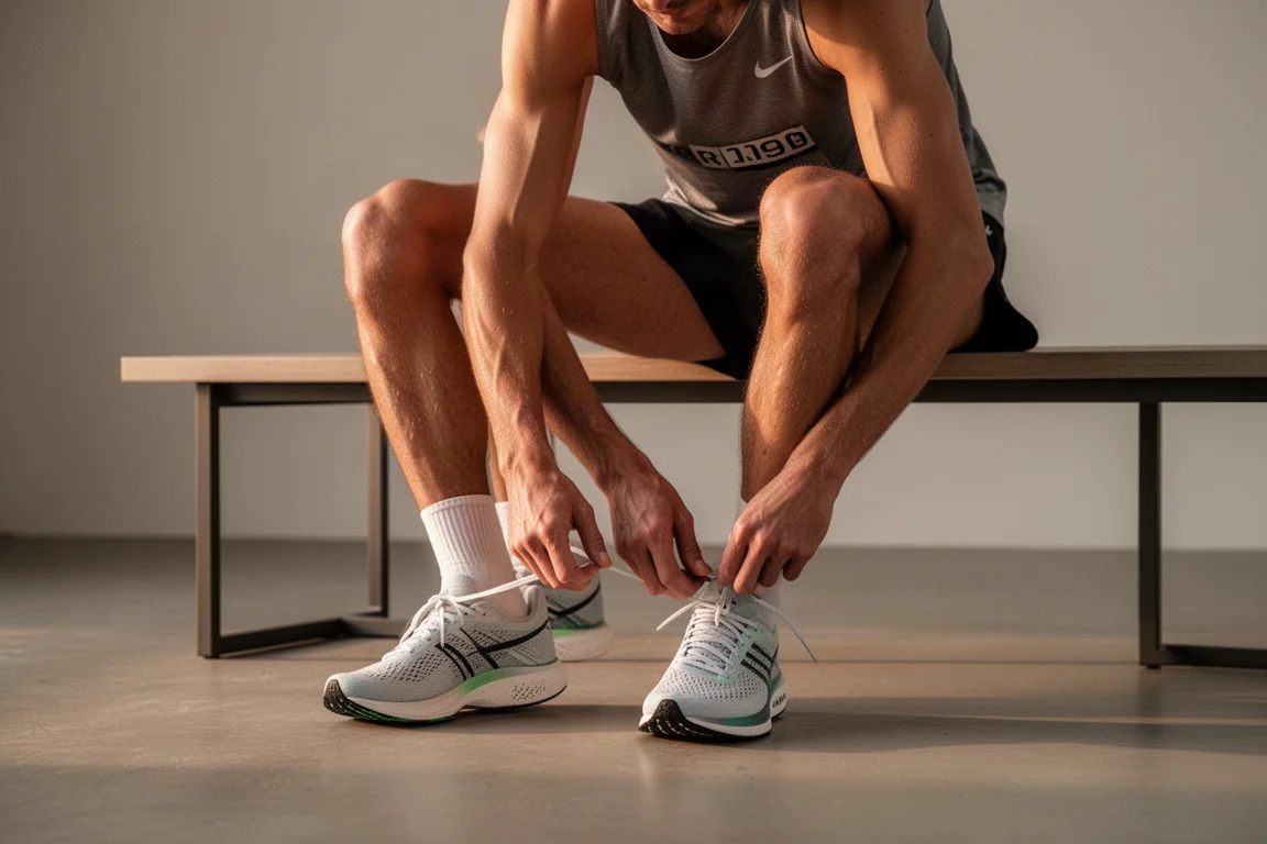 Maratonlöpare knyter skorna inför ett tidigt morgonpass