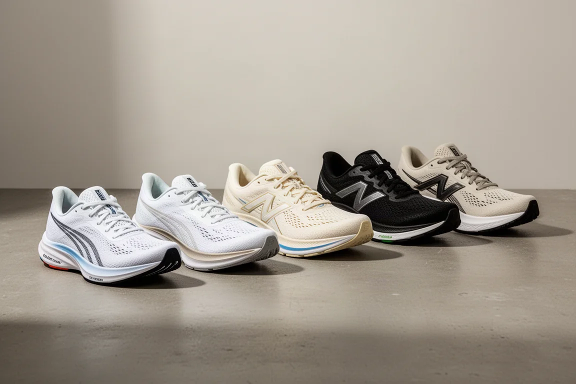 Six running shoes arranged in a row on a matte concrete surface