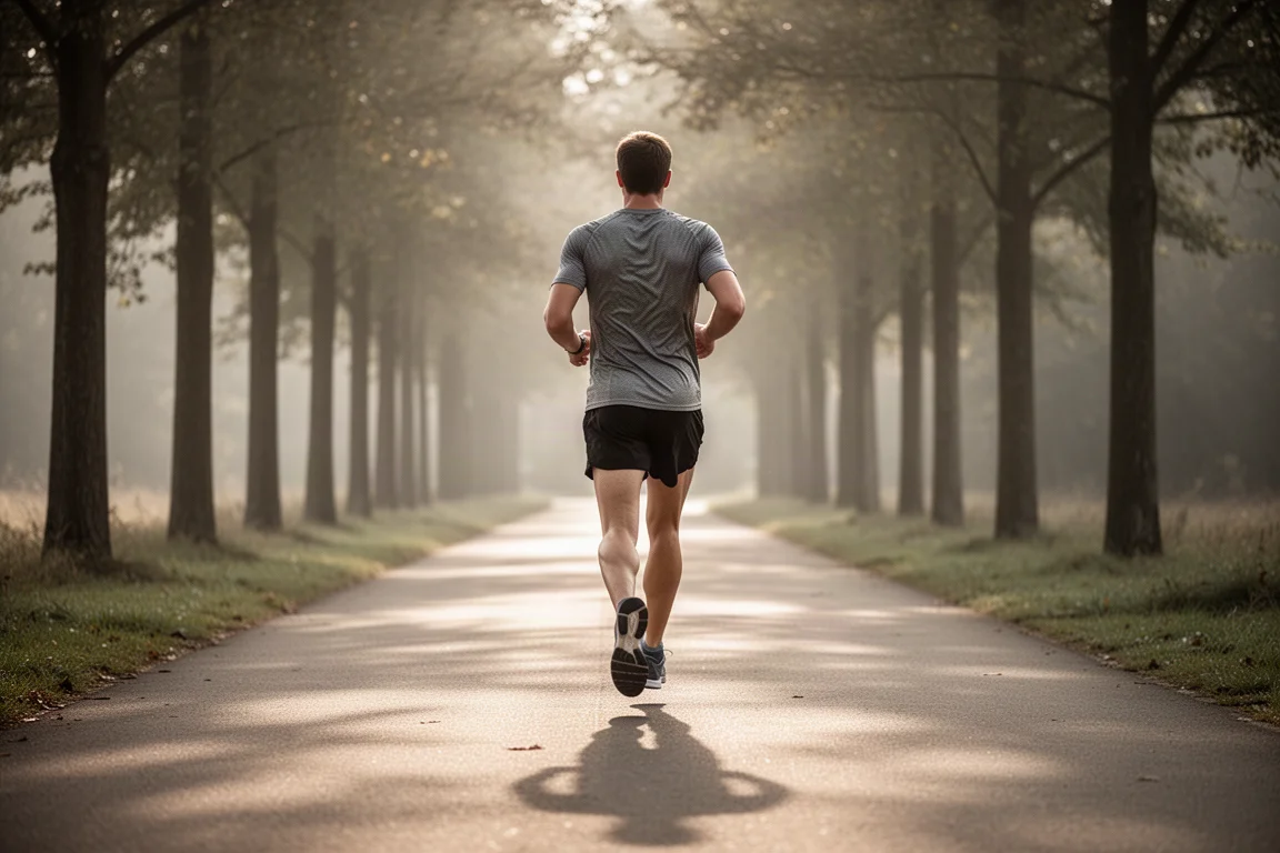 Freizeitsportlerin joggt locker auf einem ruhigen Vorstadtweg im Morgenlicht