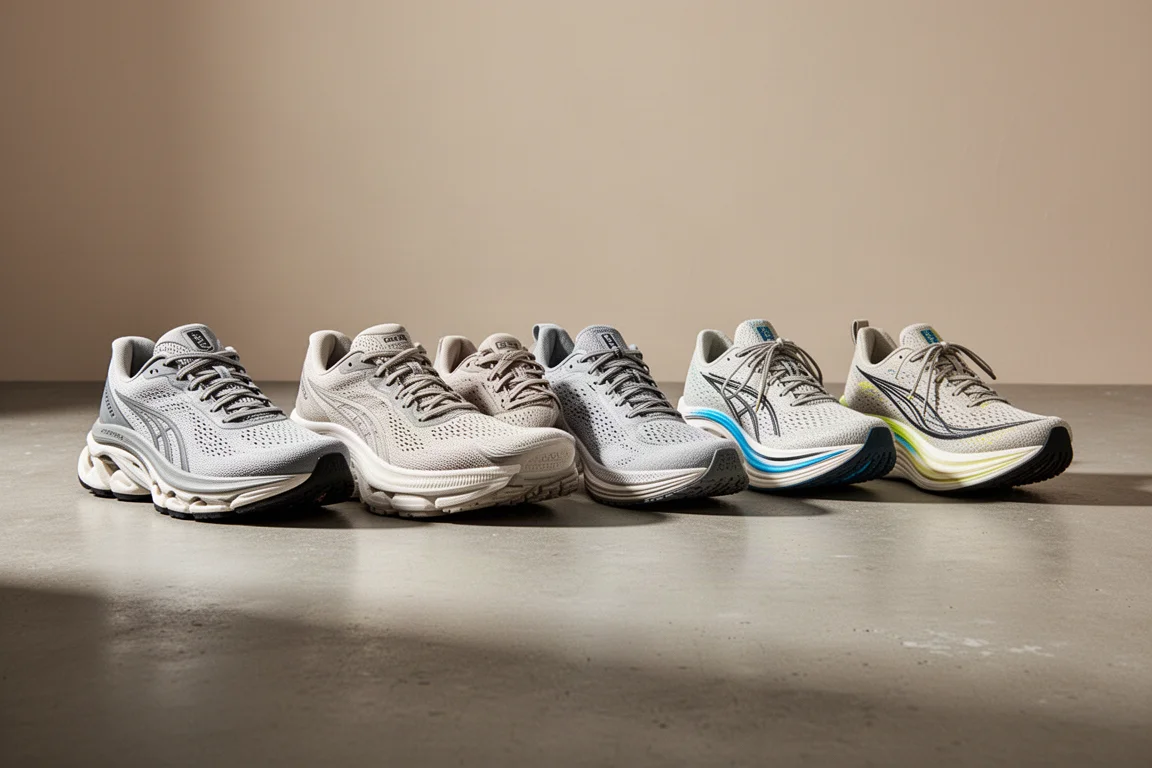 Six adidas running shoes in a row on a concrete surface, from cushioned trainers to tall-stack racers