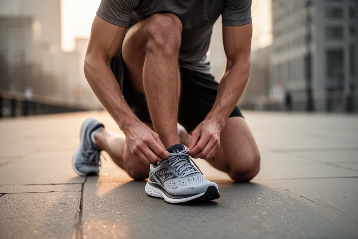 Corredor atándose los cordones de zapatillas ligeras de competición sobre un pavimento urbano al amanecer