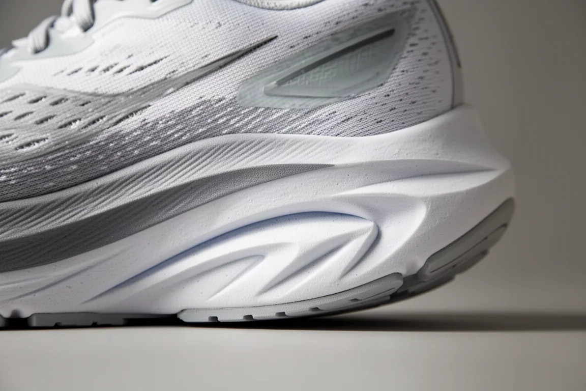 Primer plano de la mediasuela de una zapatilla de running con capas de espuma y estructura en el antepié