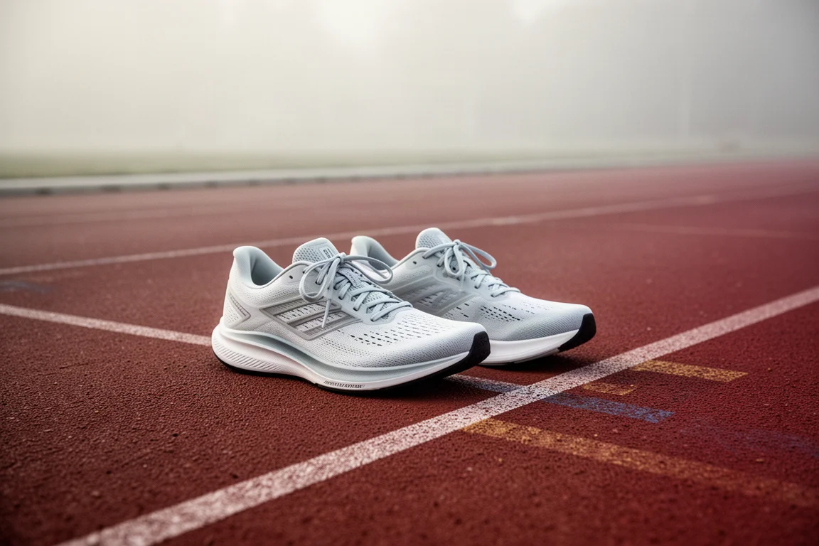 Pareja de zapatillas ligeras sencillas apoyadas en un carril de una pista de atletismo
