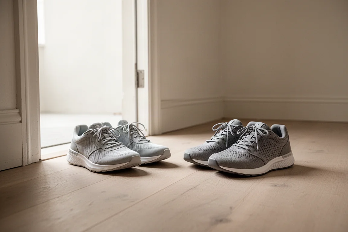 Dos pares de zapatillas de running diarias sobre el suelo de madera de un pasillo de una casa