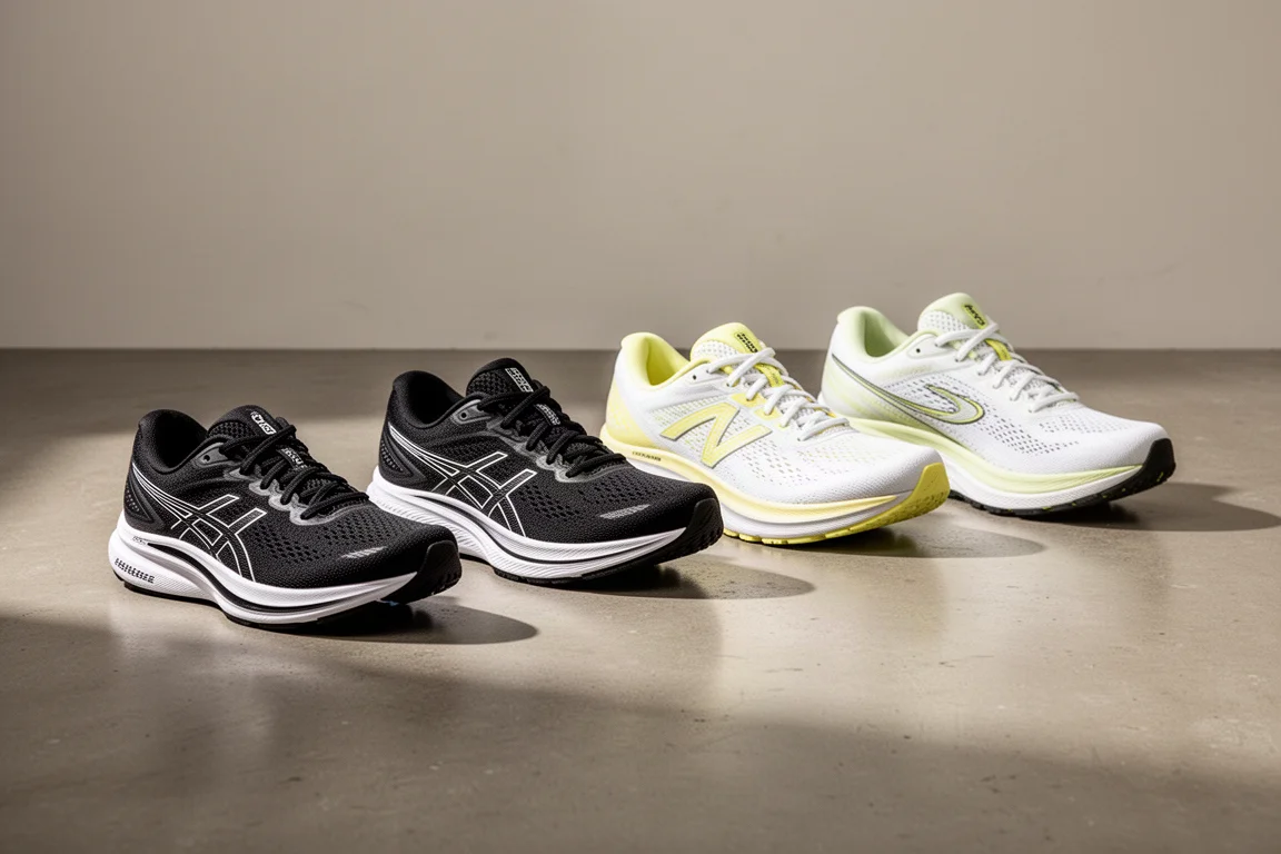 Five running shoes arranged in a line on a concrete studio floor