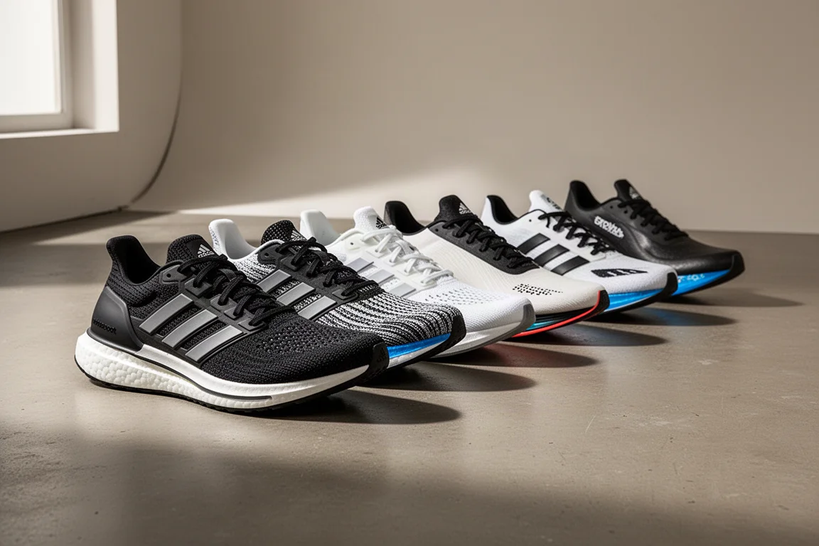 Lineup of eight running shoes from daily trainers to carbon-plated racers on concrete