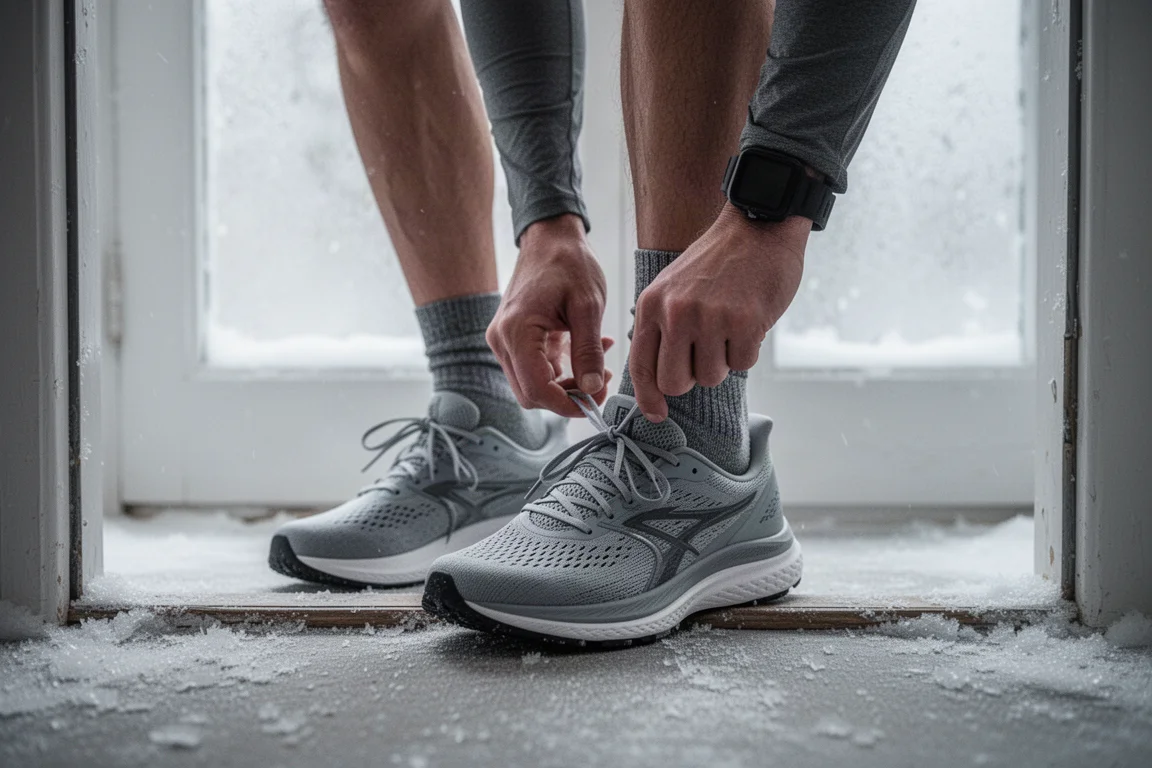 Hardloper die op een koude winterochtend een paar hardloopschoenen vastmaakt