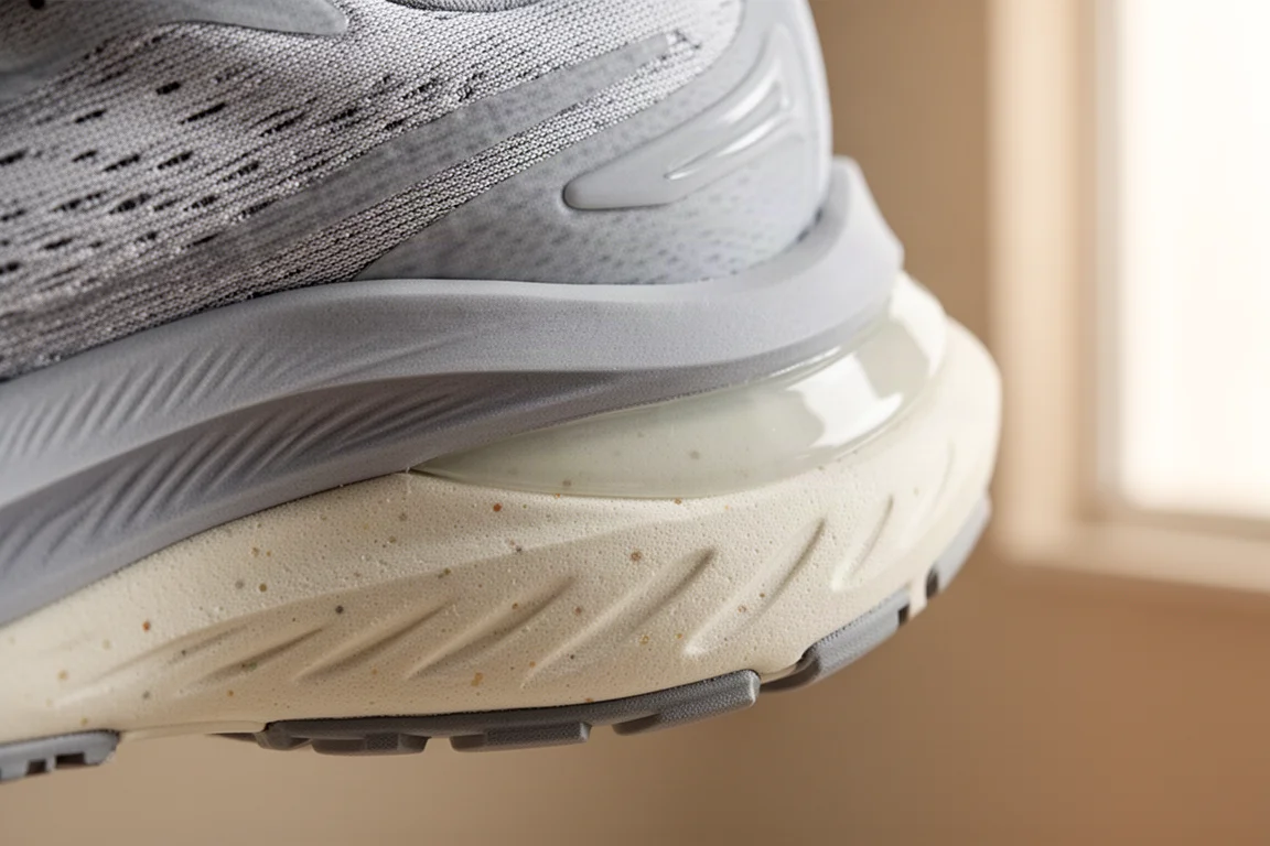Close-up van de tussenzool van een hardloopschoen met dubbele dichtheid en gelaagd schuim