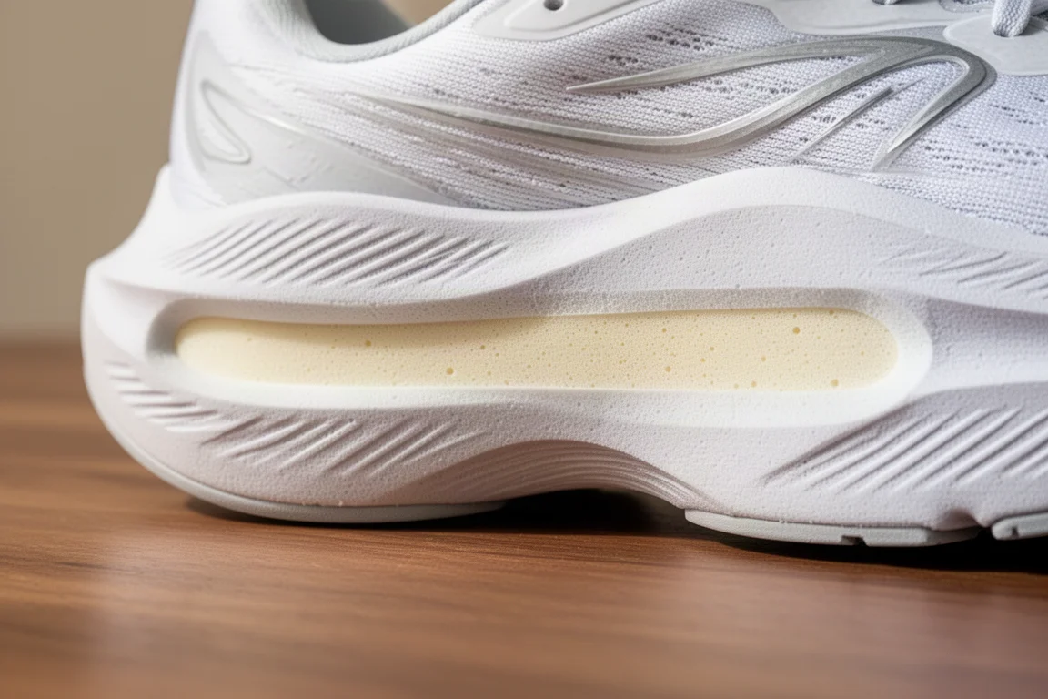 Nahaufnahme einer Laufschuh-Mittelsohle mit Detailansicht der Schaumschichtung
