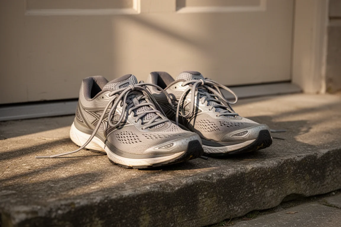 Paar Laufschuhe ruht nach dem Lauf auf einer Haustürschwelle