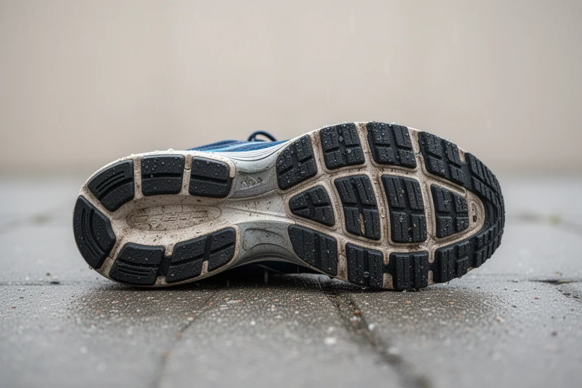 Abgelaufene Laufschuh-Außensohle auf dem Asphalt nach einem langen Lauf