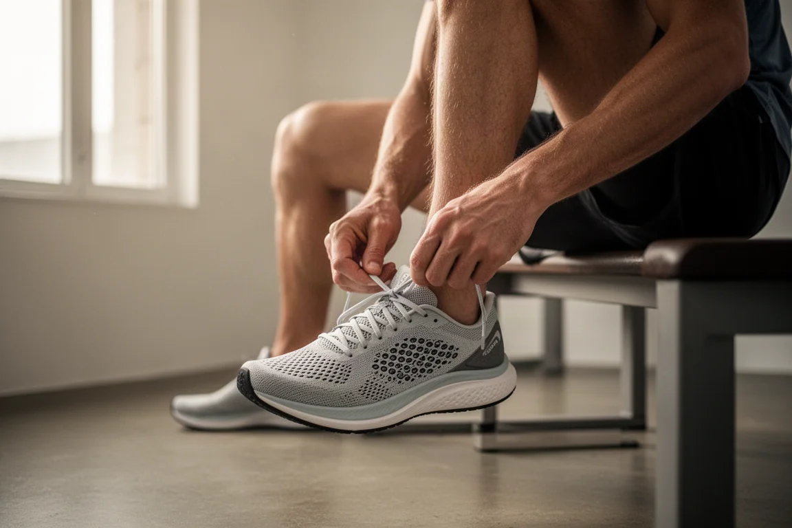 Runner tying laces on a chunky cushioned running shoe in soft daylight