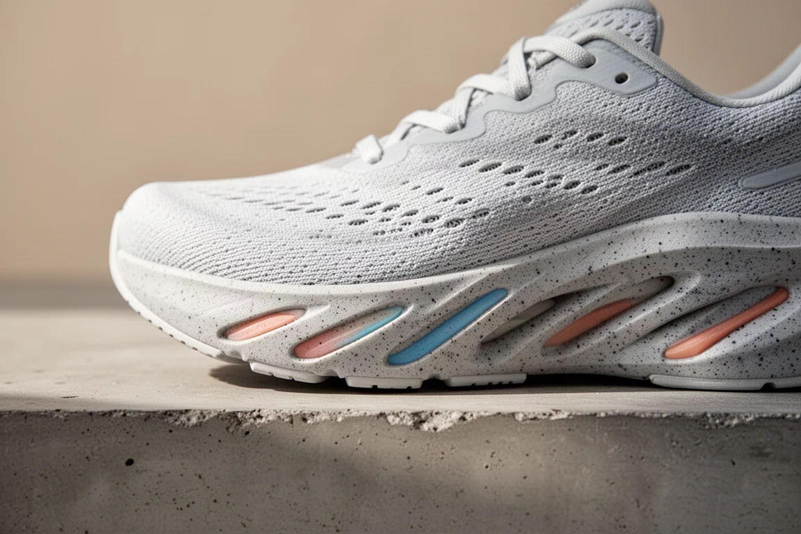 Running shoe upper showing a woven knit texture and intricate lacing layout