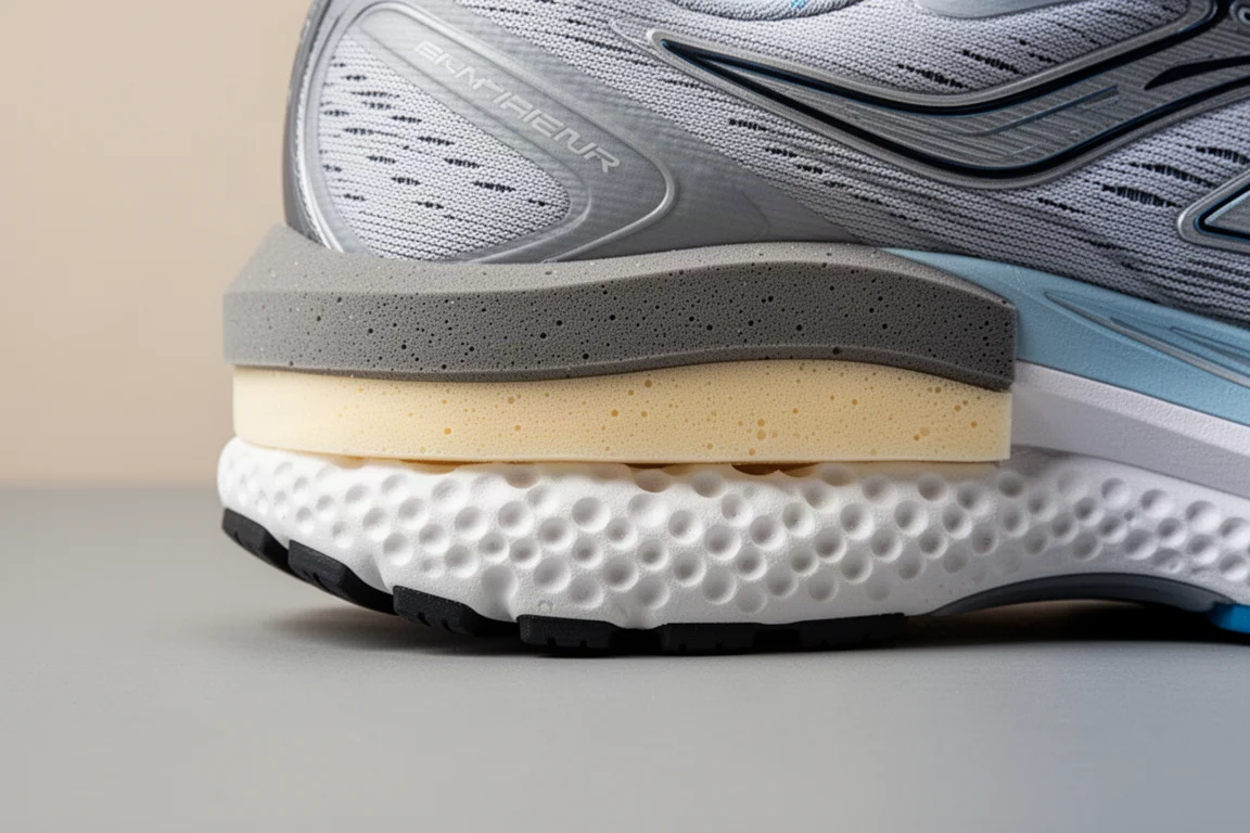 Nahaufnahme einer zweischichtigen Laufschuh-Mittelsohe mit sichtbaren Schaumschichten