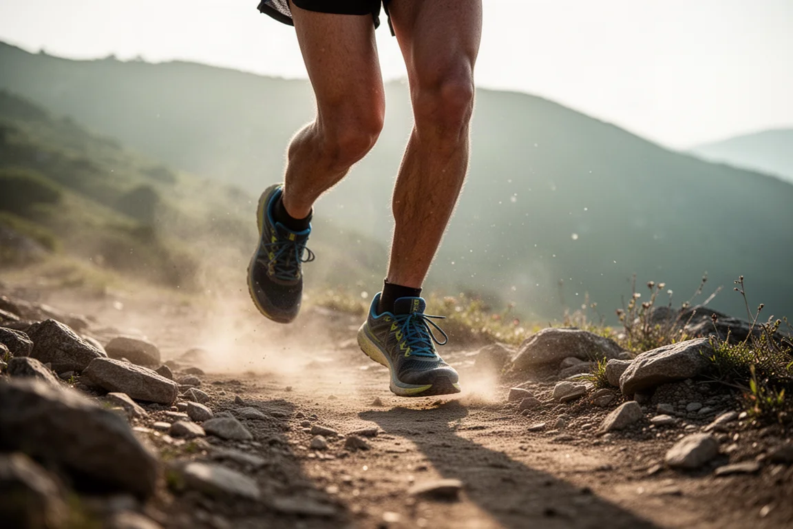Trailrunner die rotsachtig terrein oversteekt op een stoffig bergpad