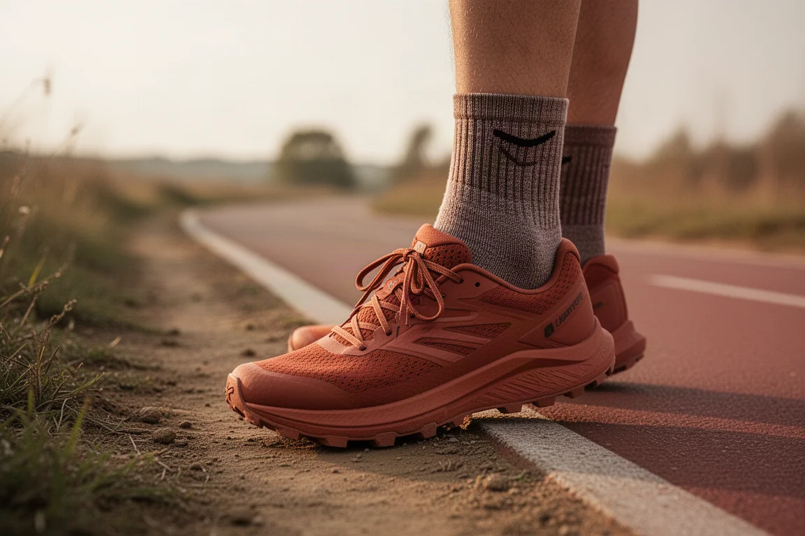 Trailrunningschoen met dikke hikingsokken aangetreden op een zandpad