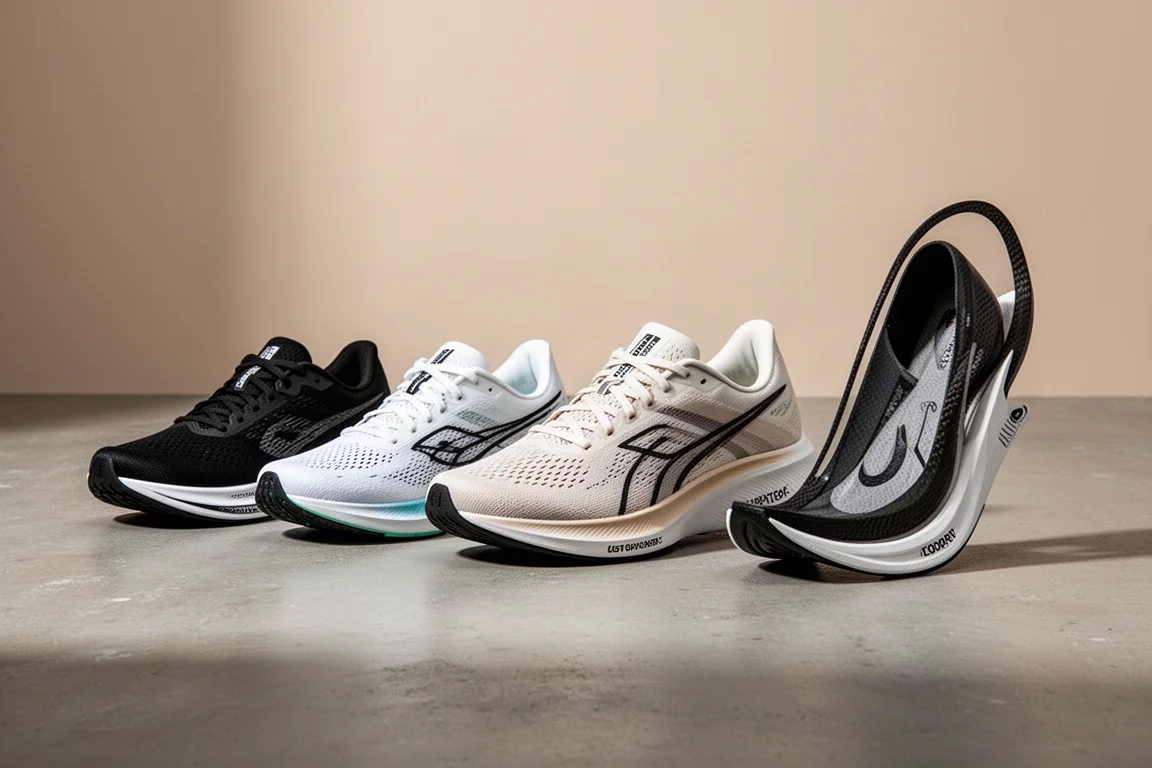 Five Adidas running shoes of different types arranged on a concrete surface