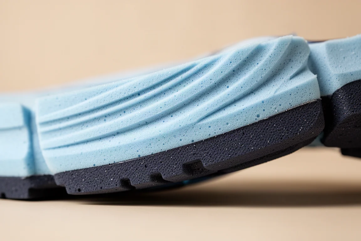 Close-up van een gelaagde tussenzool van een hardloopschoen met foamcompounds en zichtbaar EVA