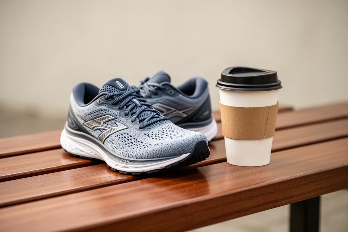 Eén hardloopschoen naast een kop koffie op een houten bankje