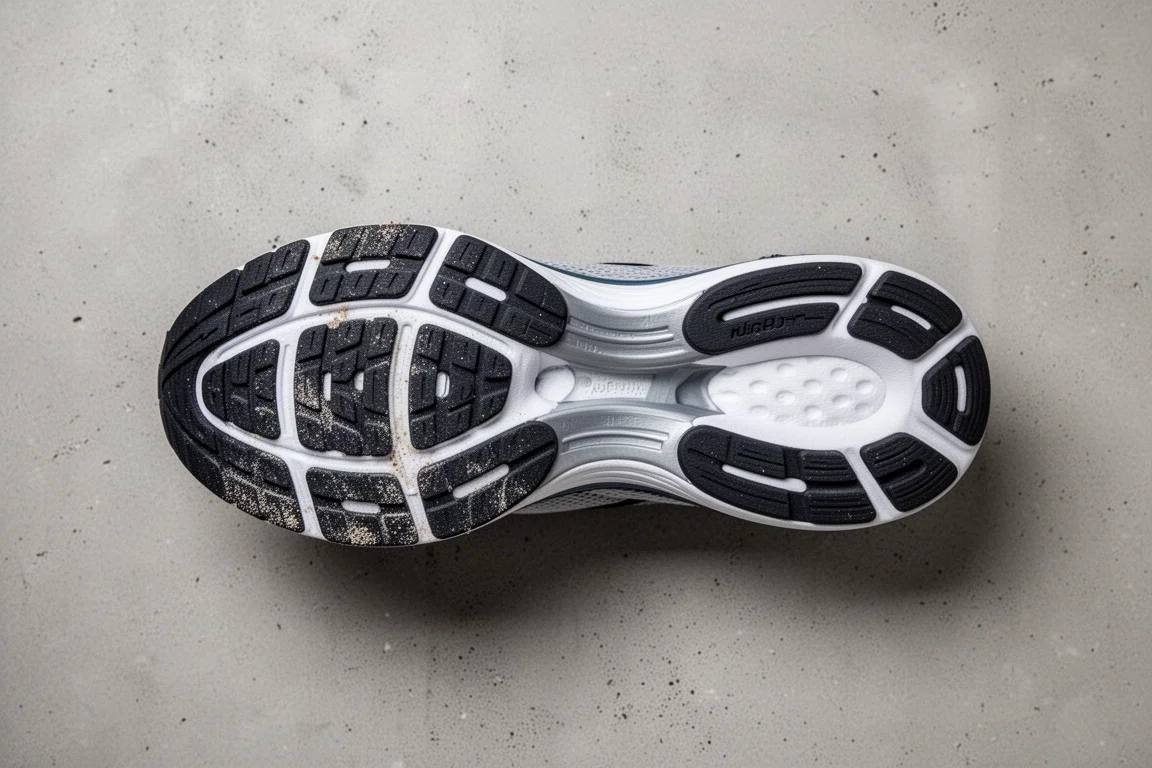 Buitenzool van een hardloopschoen met gedeeltelijke rubberbedekking op zichtbaar foam
