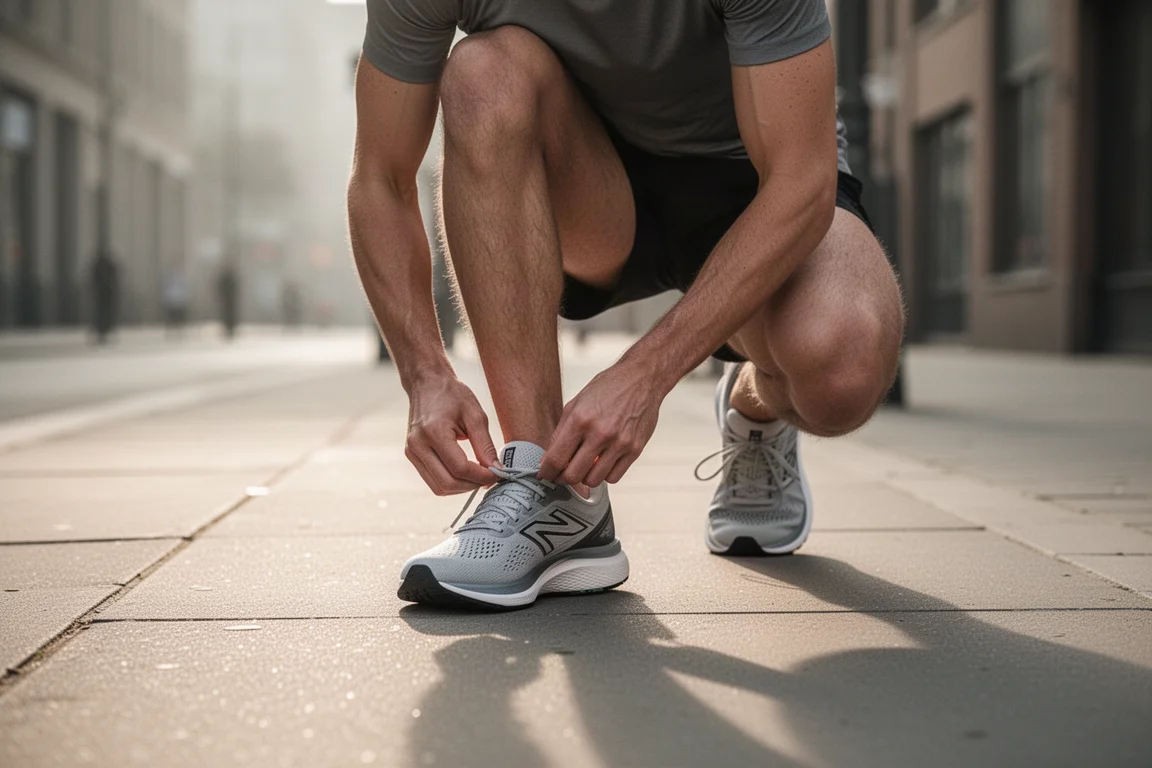 Hardloper die de veters van een neutrale daily trainer strikt op een rustige stadstraat