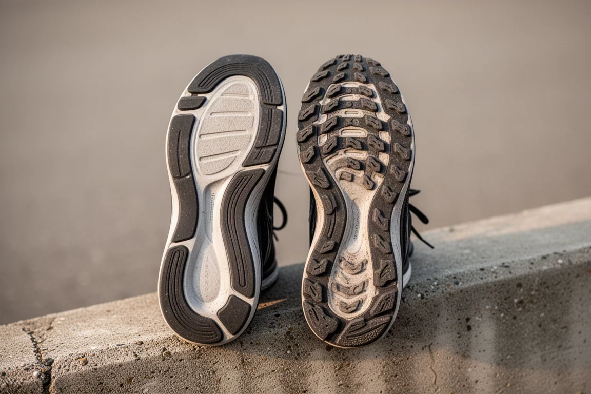 Versleten buitenzolen van hardloopschoenen op beton na kilometers op de weg