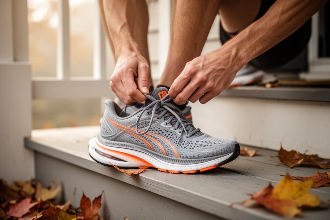 Runner lacing up a cushioned running shoe before an easy morning run