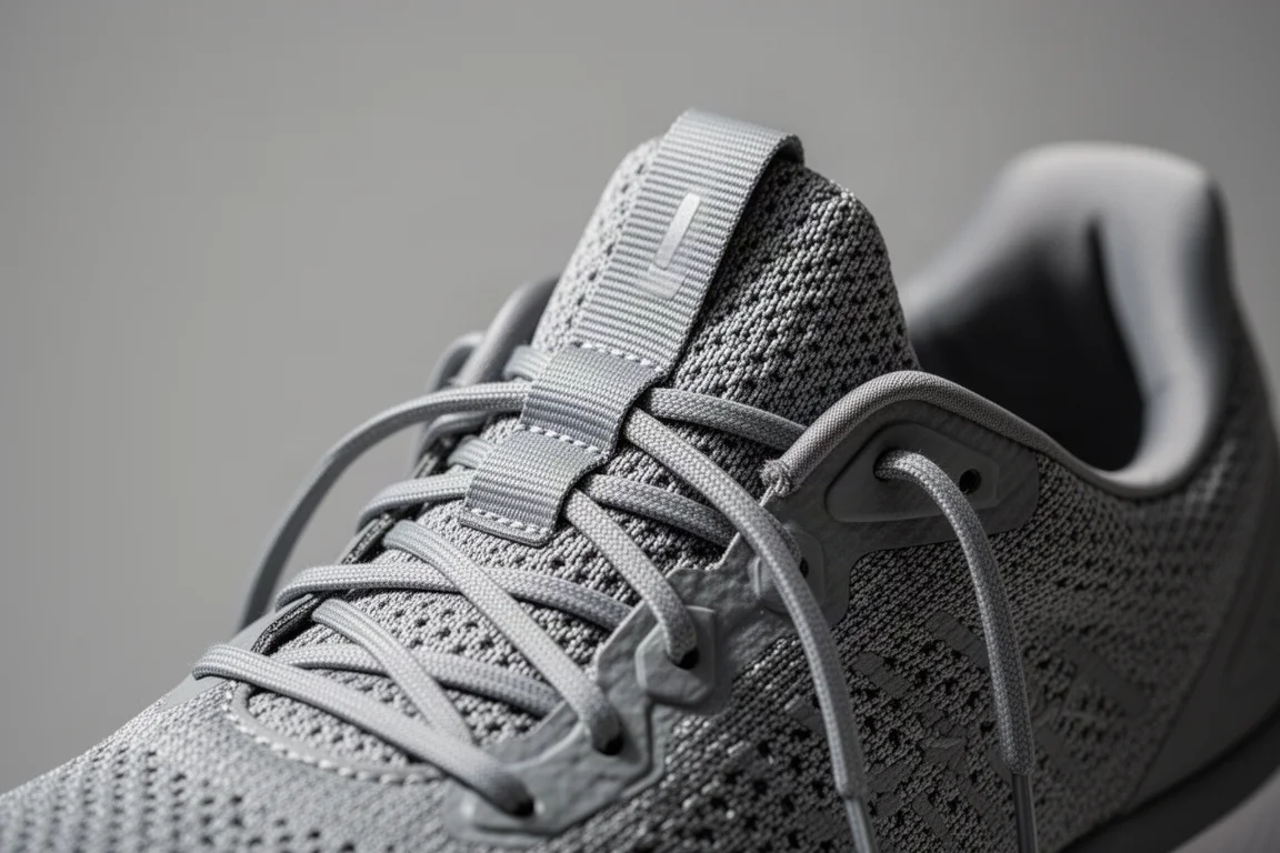 Close-up of a thin unpadded shoe tongue and lacing system