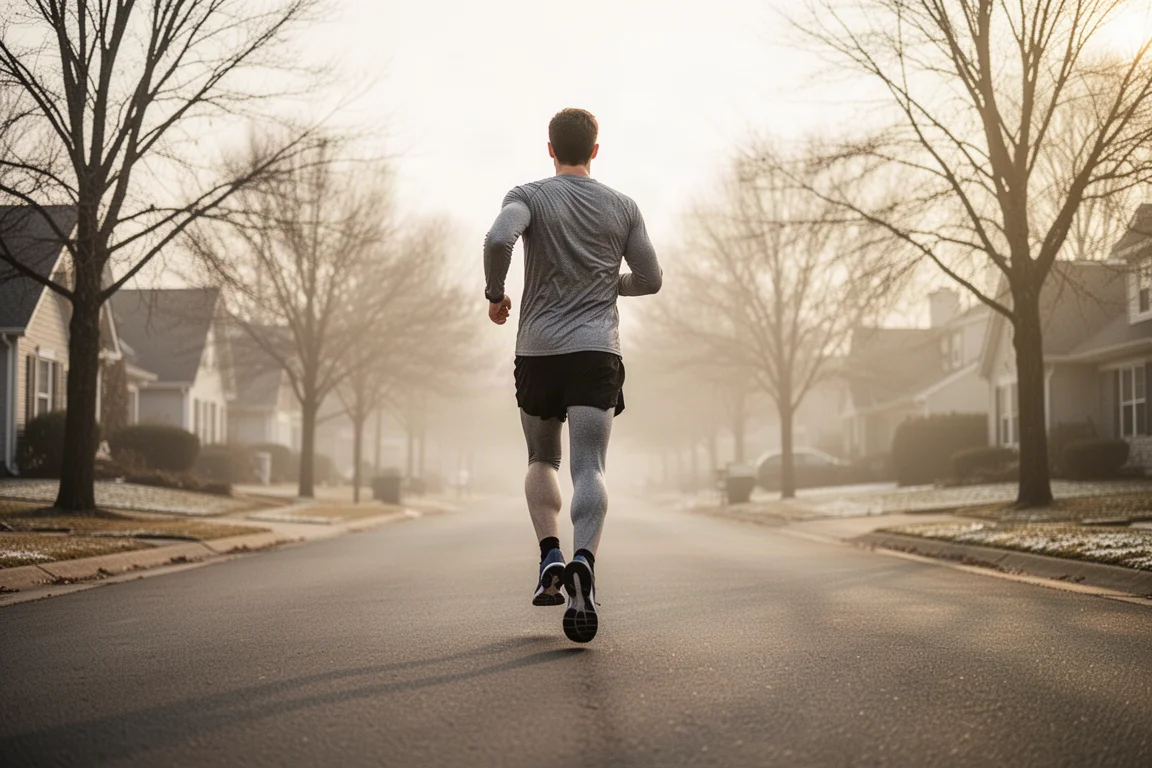 Runner on a quiet neighborhood road during a relaxed recovery run
