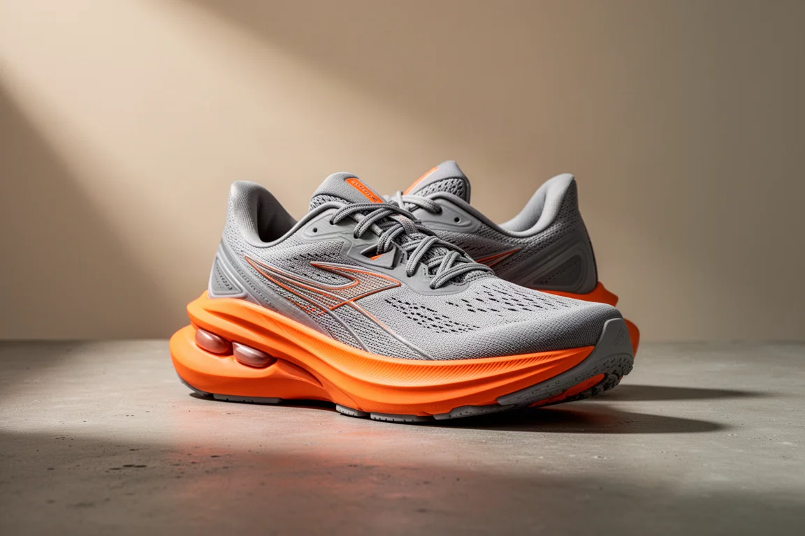 Adidas Supernova Rise 3 跑鞋,橘色中底與灰色鞋面,擺放在水泥地上