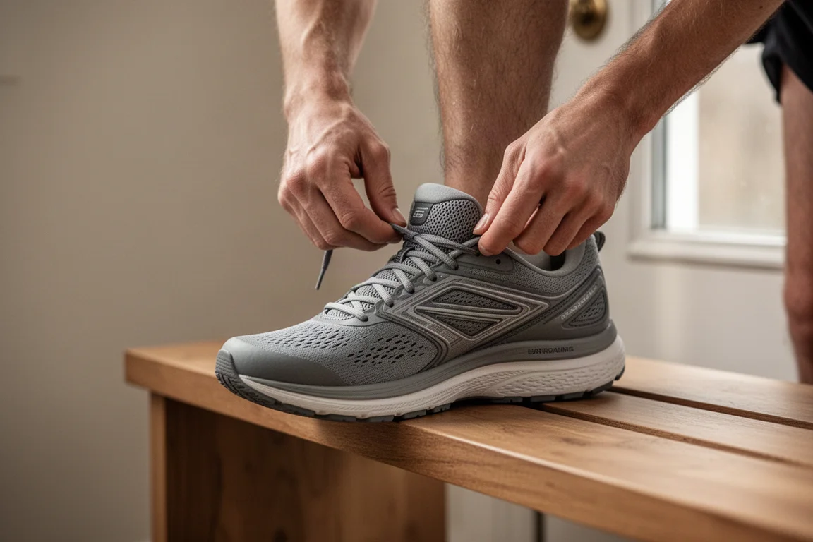 Un corridore allaccia una scarpa da allenamento imbottita prima di un run facile