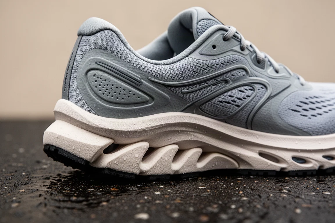 Primo piano della midsole di una scarpa da running che mostra dettagli di schiuma e gomma della suola