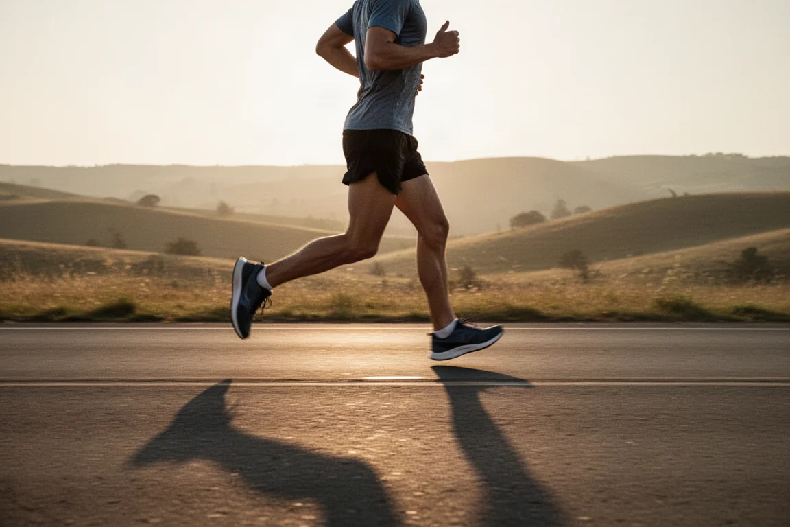 Un corridore a ritmo rilassato su una strada aperta durante un allenamento facile