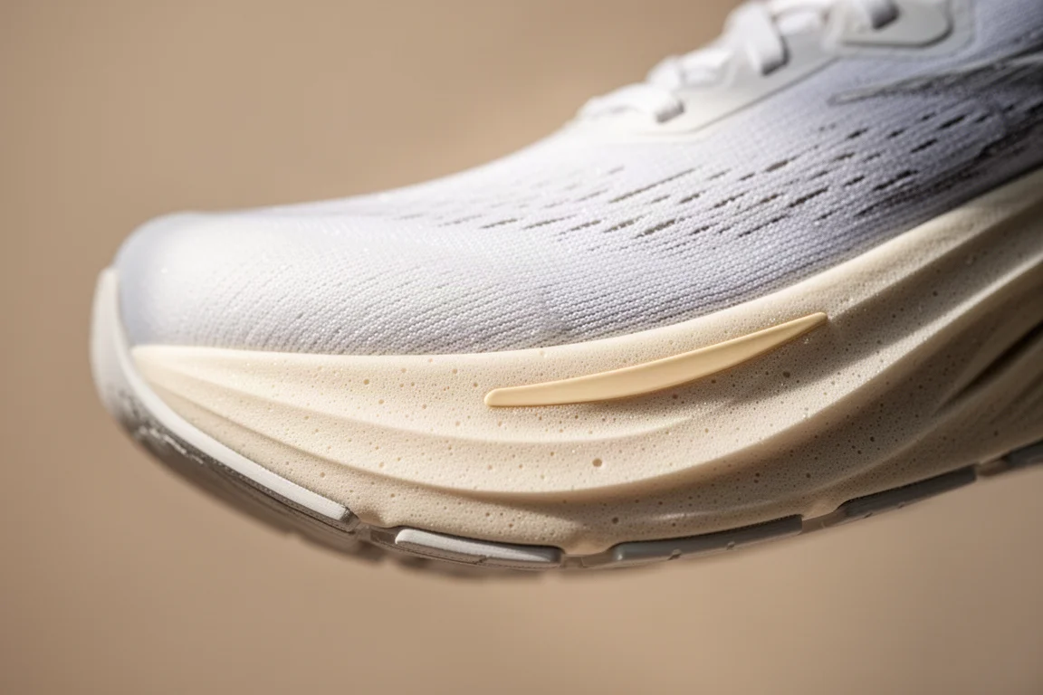 Primer plano de la mediasuela de una zapatilla de running mostrando una construcción de espuma bicolor