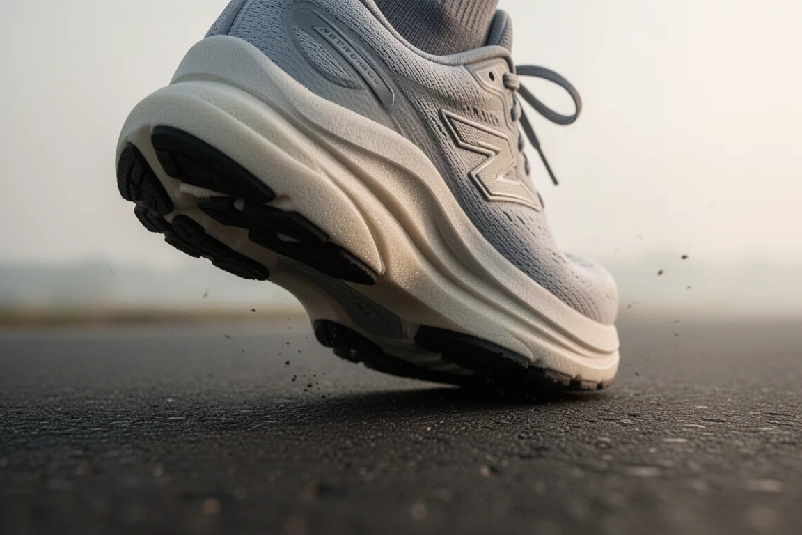 Primo piano di un'intersuola spessa e ammortizzata di una scarpa da running che si comprime sull'asfalto