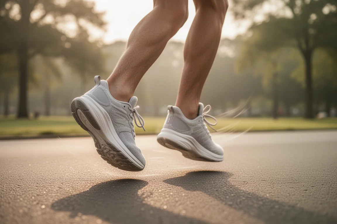 Piedi di un runner con scarpe da running ammortizzate durante una corsa facildt matutina