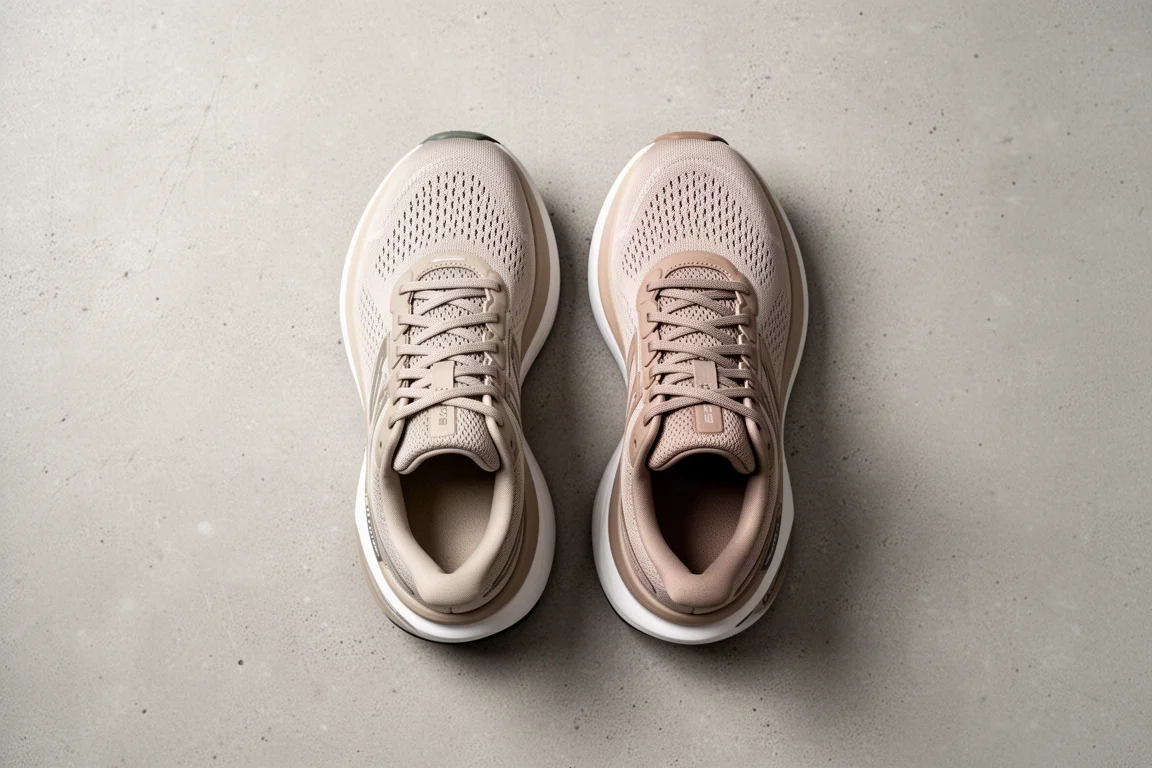 Vista dall'alto di due scarpe da running affiancate su un pavimento neutro